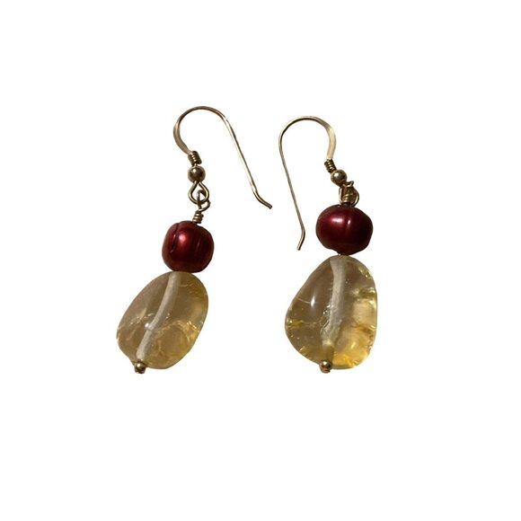 Handmade Dangle Earrings With Yellow Stone & Red Bead - Picture 1 of 3